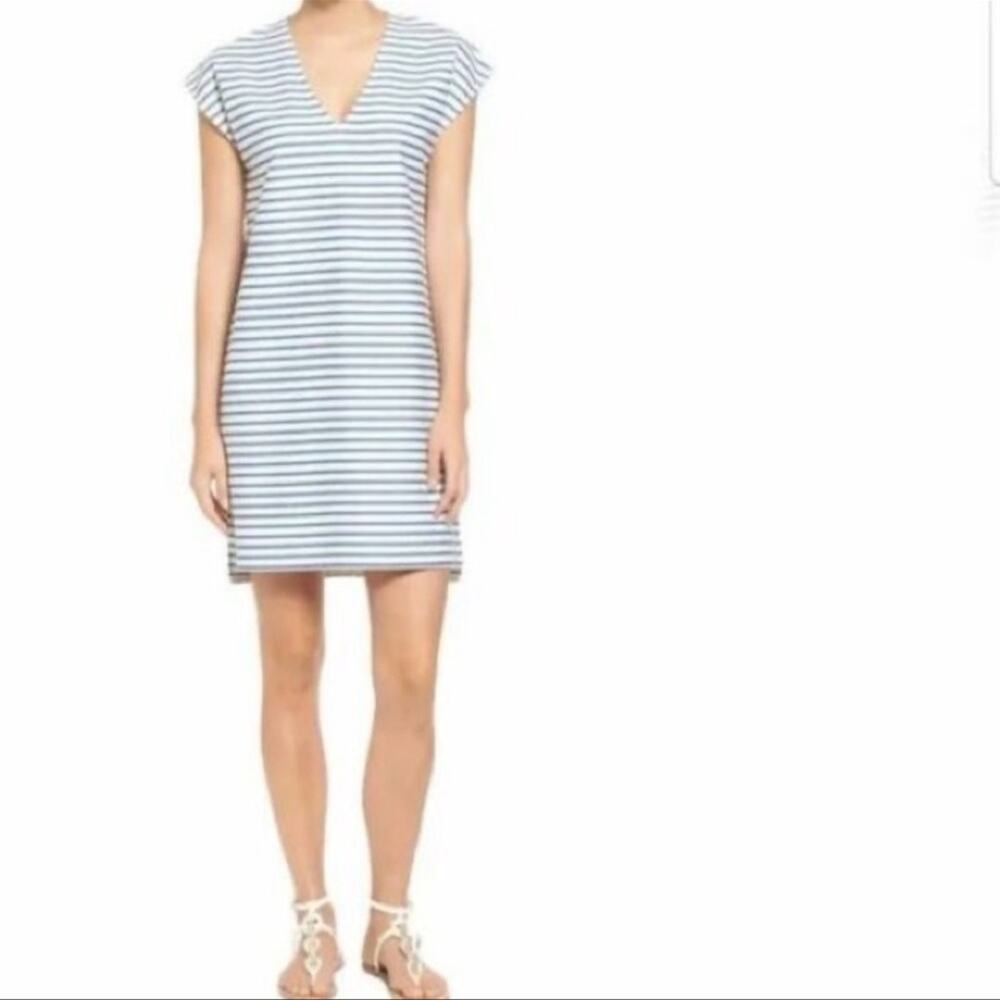 MADEWELL Cream Blue Striped Vacances V-Neck Sleeveless Dress Women’s